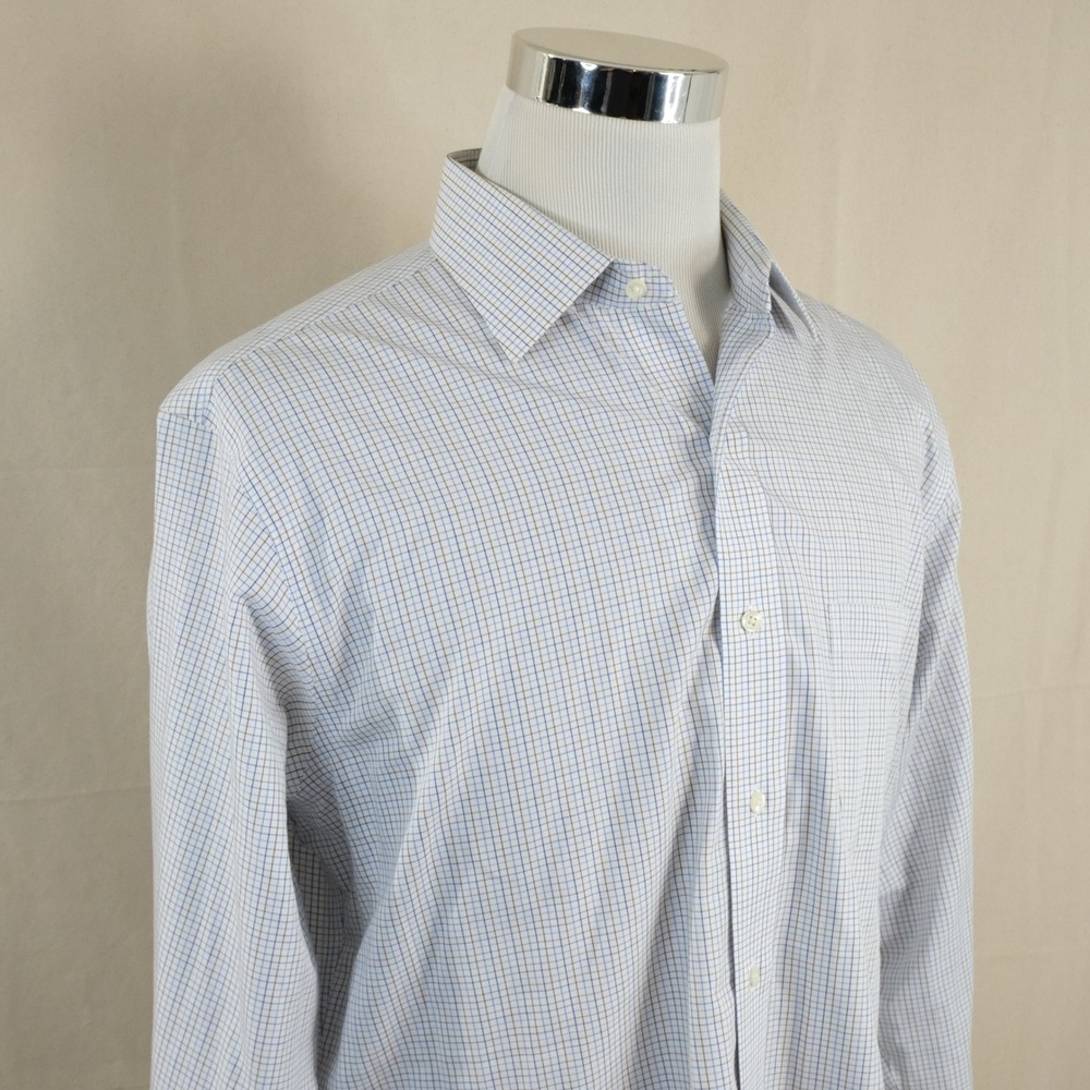 Brooks Brothers 16.5 35 Classic Fit Dress Shirt Blue Brown Plaid Non-Iron Mens